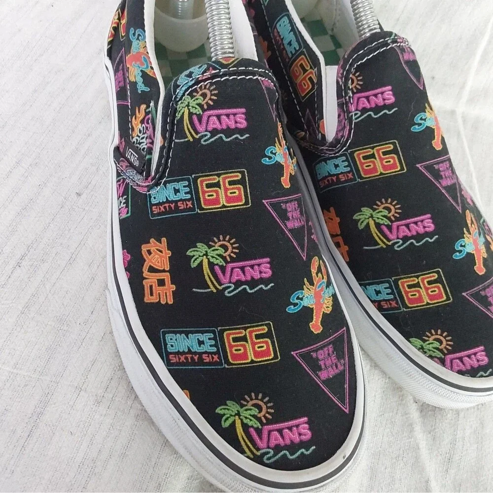Vans Classic Slip-On Market Black Neon Signs Seafood Mens 8 Womens 9.5